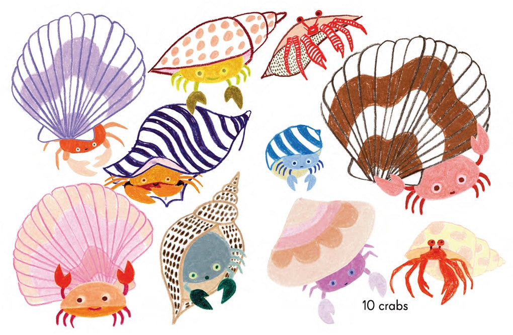 Colorful board book featuring ocean-themed illustrations by Kat Macleod, with sea creatures like seahorses and jellyfish, designed to teach counting in a fun and engaging way - Picutred is inner pages - 10 Crabs.