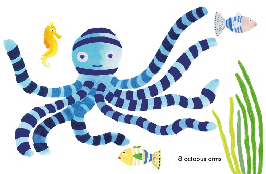 Colorful board book featuring ocean-themed illustrations by Kat Macleod, with sea creatures like seahorses and jellyfish, designed to teach counting in a fun and engaging way - Pictured is inner pages- 8 Octopus arms.