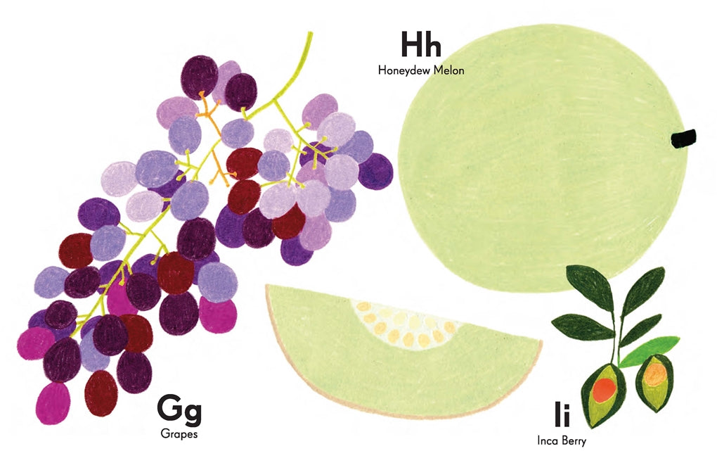 Colorful board book featuring fruit-themed illustrations by Kat Macleod, showcasing a fruit for every letter of the alphabet in a bright and playful design. Pictured is innerpages - G for Grape, H for Honeydew Melon & I for Inca Berry.