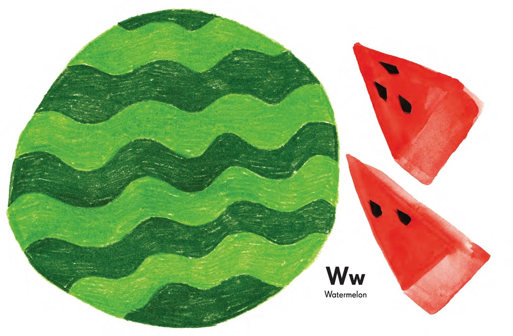 Colorful board book featuring fruit-themed illustrations by Kat Macleod, showcasing a fruit for every letter of the alphabet in a bright and playful design. Pictured is inner pages - W for Watermelon.