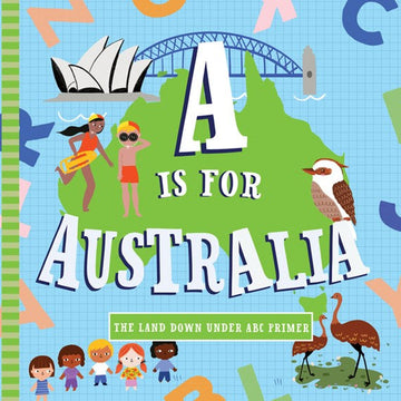 A colorful board book 'A is for Aussie,' features bright illustrations of Australian icons like boomerangs and crocodiles.