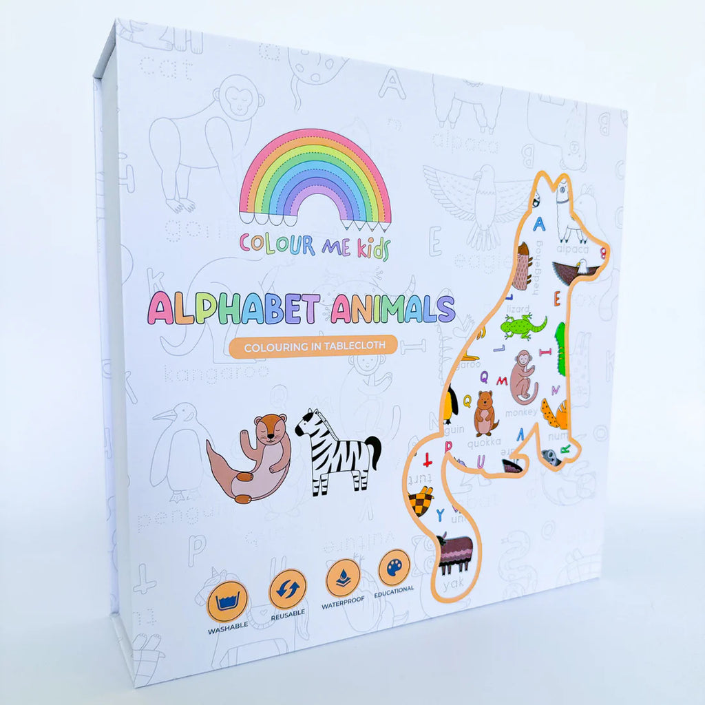 Boxed Colour Me Kids Alphabet Animals colouring-in tablecloth set featuring A–Z animal illustrations and rainbow-themed packaging.