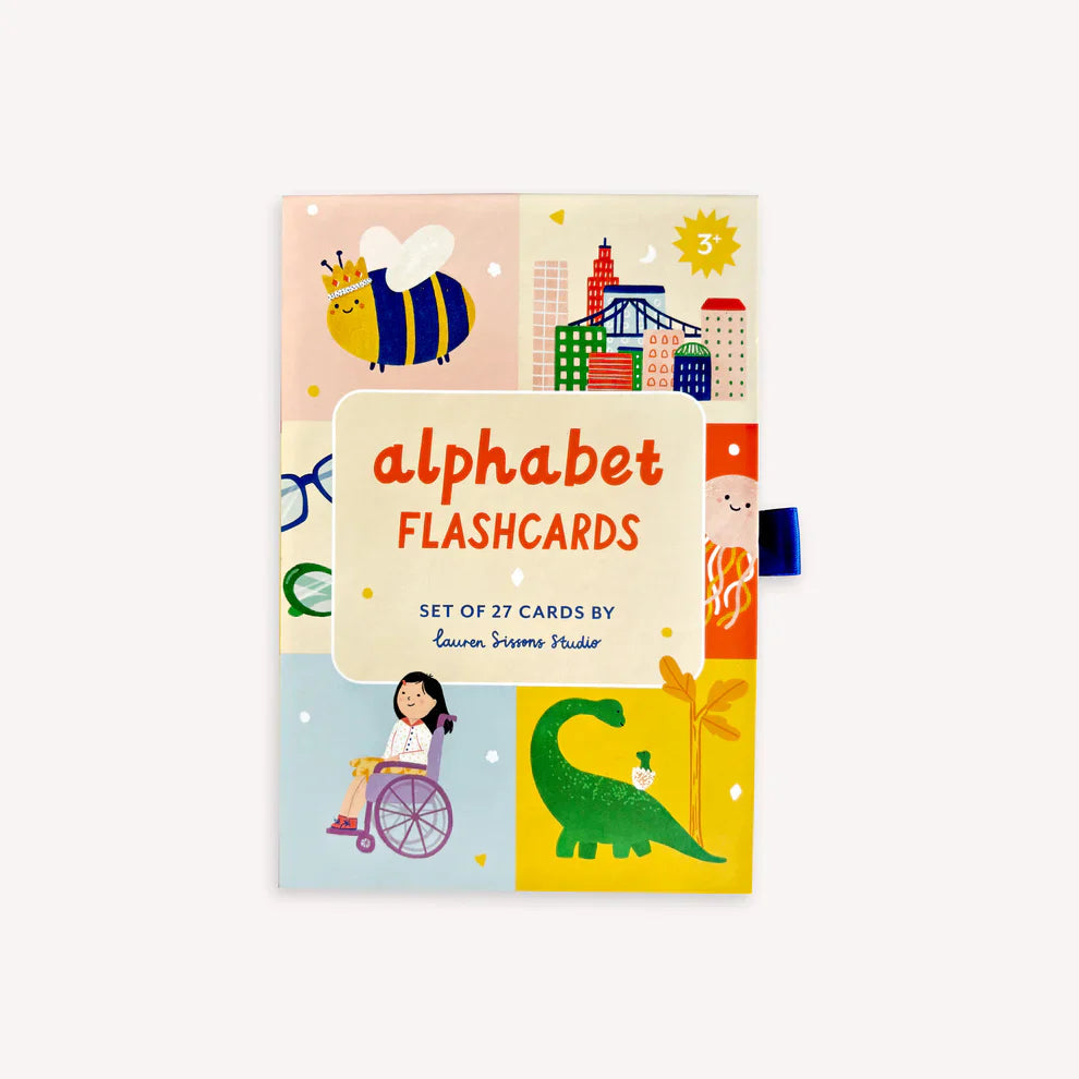 A set of 27 beautifully illustrated alphabet flashcards in a premium keepsake box, featuring vibrant designs with letters, animals, and nature, plus a bonus card with positive affirmations.