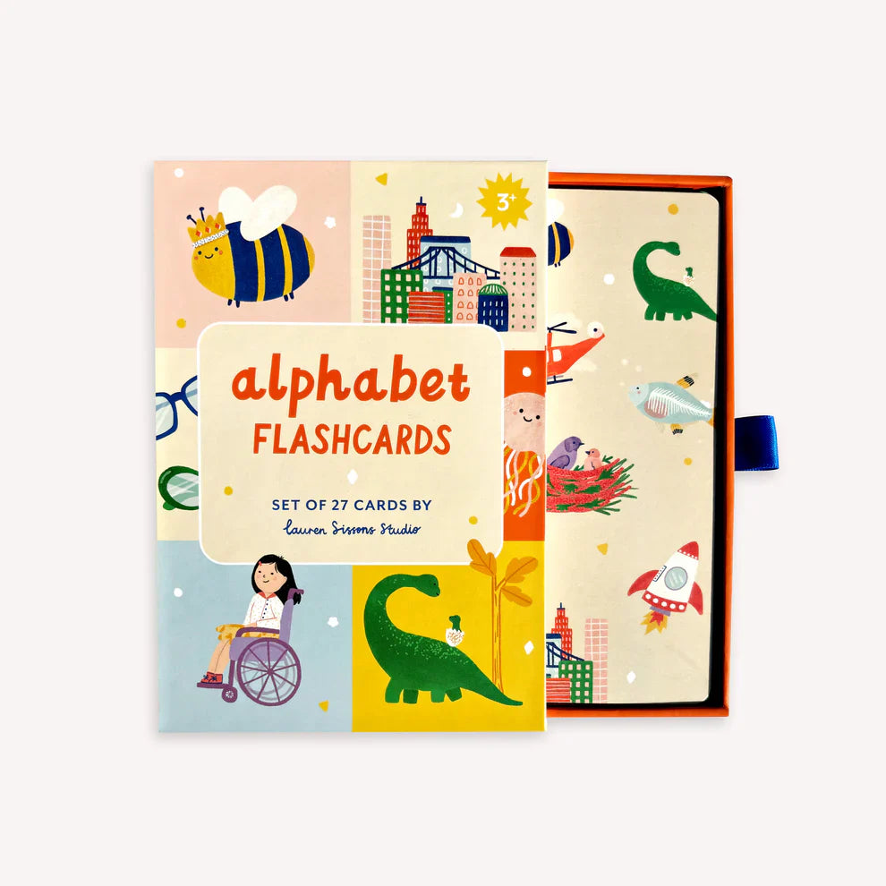 A set of 27 beautifully illustrated alphabet flashcards in a premium keepsake box, featuring vibrant designs with letters, animals, and nature, plus a bonus card with positive affirmations.