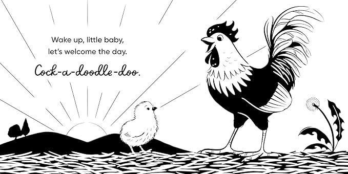 High-contrast black-and-white board book featuring baby farm animals like chickens, horses, and sheep, designed to engage newborns and support their visual and cognitive development.