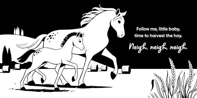 High-contrast black-and-white board book featuring baby farm animals like chickens, horses, and sheep, designed to engage newborns and support their visual and cognitive development.