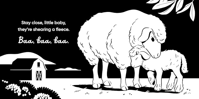 High-contrast black-and-white board book featuring baby farm animals like chickens, horses, and sheep, designed to engage newborns and support their visual and cognitive development.