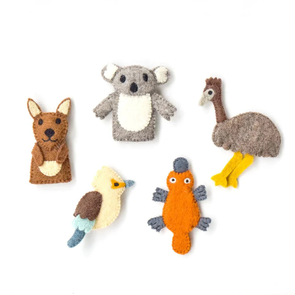 Close-up of five Australian felt finger puppets including a koala, platypus, kangaroo, emu, and kookaburra on white background.