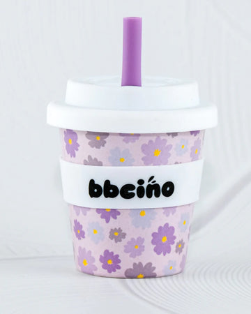 BBCino 120ml reusable cup in a purple flower design, made from sustainable bamboo. Lightweight, durable, and perfect for babycinos, espressos, or small drinks.