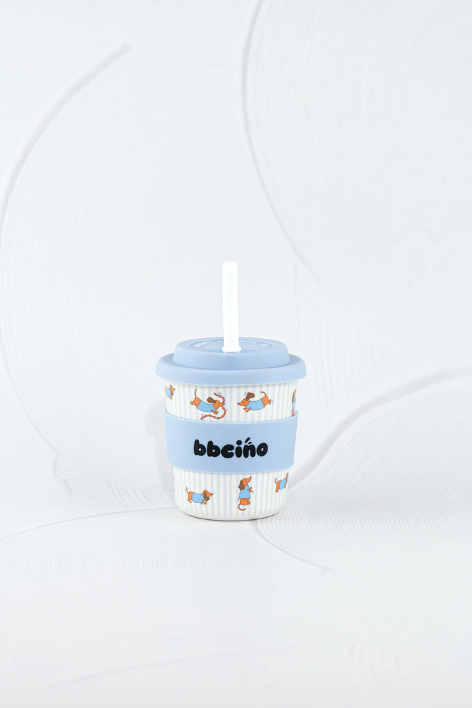 BBCino reusable cup 240ml in Dash in Blue dachshund dog design with light blue silicone lid and white straw, eco-friendly bamboo fibre keep cup.