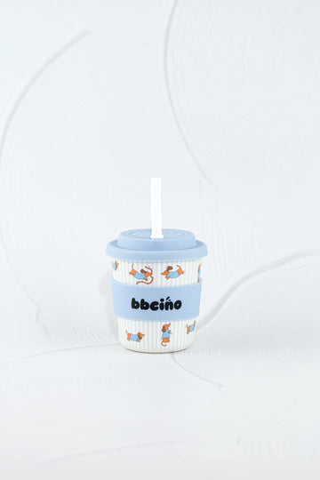BBCino reusable cup 240ml in Dash in Blue dachshund dog design with light blue silicone lid and white straw, eco-friendly bamboo fibre keep cup.