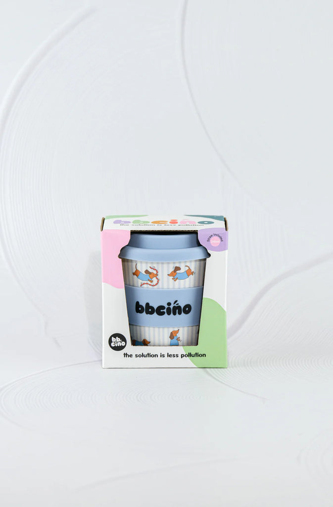 BBCino Dash in Blue reusable cup 240ml with dachshund dog print and blue silicone lid, sustainable bamboo fibre cup in eco-friendly packaging.