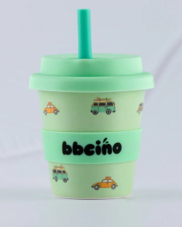 BBCino 120ml reusable cup mint green with a car design, made from sustainable bamboo. Lightweight, durable, and perfect for babycinos, espressos, or small drinks.