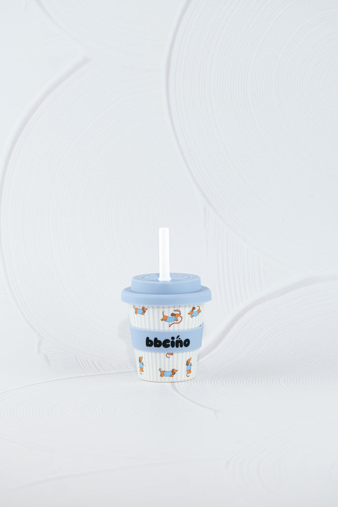 BBCino reusable bamboo cup 120ml in Dash in Blue dachshund dog design with light blue silicone lid and white straw, eco-friendly kids keep cup.