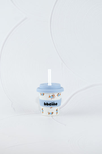 BBCino reusable bamboo cup 120ml in Dash in Blue dachshund dog design with light blue silicone lid and white straw, eco-friendly kids keep cup.