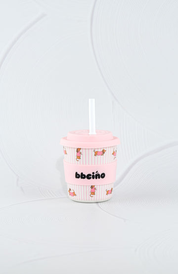 BBCino Bambinocino reusable cup 240ml in Dash in Pink dachshund dog design with pastel pink silicone lid and white straw, eco-friendly bamboo fibre keep cup.