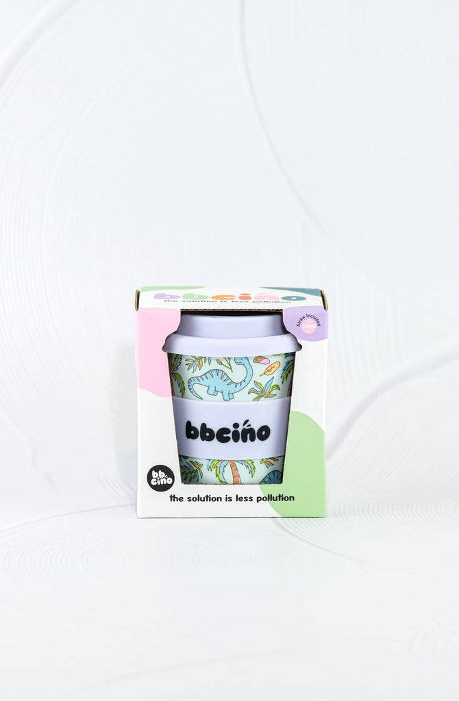 BBCino Sipasaurus reusable cup 240ml with dinosaur print and white silicone lid, sustainable bamboo fibre cup in eco-friendly packaging.