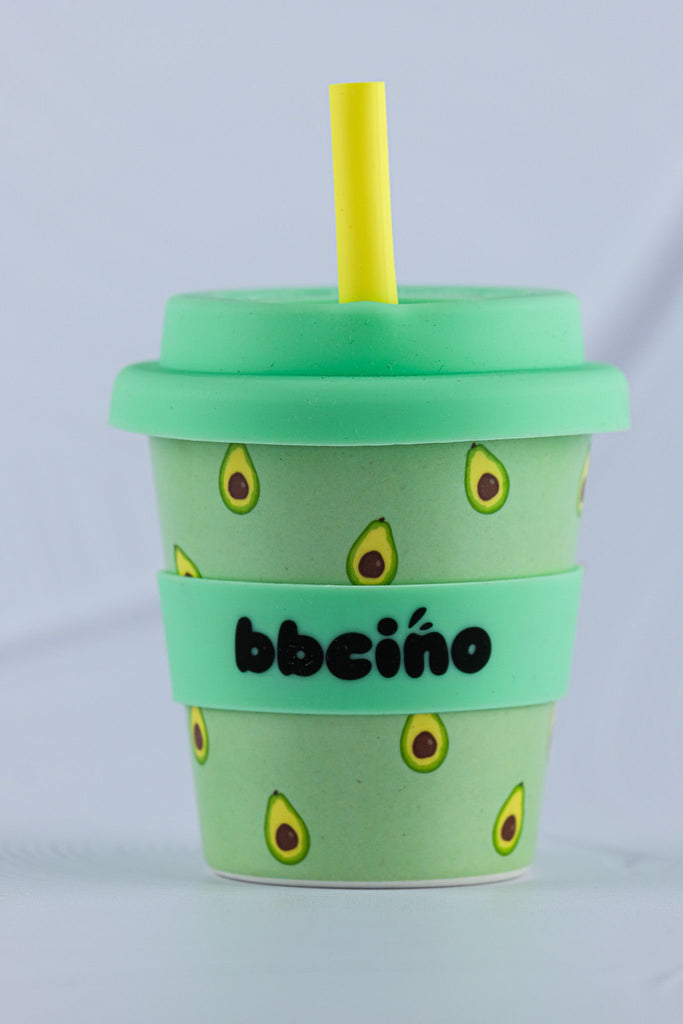 BBCino 120ml reusable cup in Green with an Avocado design, made from sustainable bamboo. Lightweight, durable, and perfect for babycinos, espressos, or small drinks.