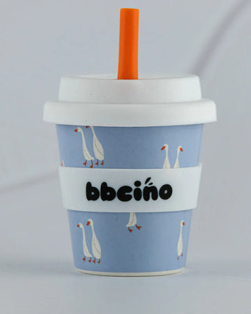 BBCino 120ml reusable cup with a blue goose design, made from sustainable bamboo. Lightweight, durable, and perfect for babycinos, espressos, or small drinks.