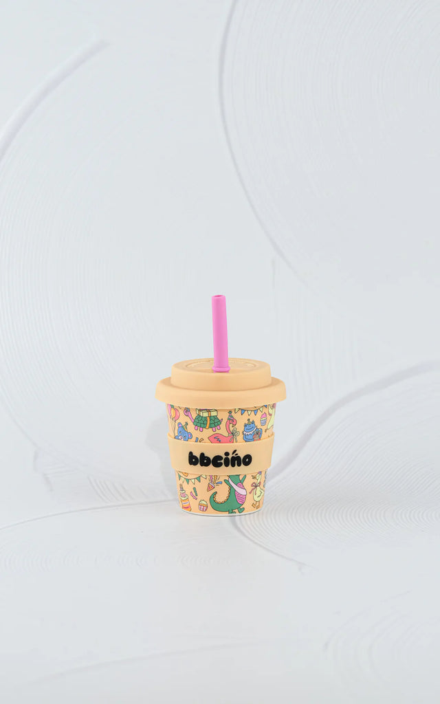 BBCino reusable bamboo cup 120ml in Party Animal orange design with pastel orange silicone lid and pink straw, eco-friendly kids keep cup.