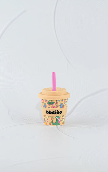BBCino reusable bamboo cup 120ml in Party Animal orange design with pastel orange silicone lid and pink straw, eco-friendly kids keep cup.