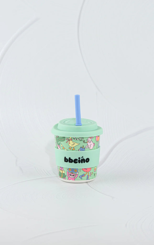 BBCino Bambinocino reusable cup 240ml in Party Animal green design with mint silicone lid and blue straw, eco-friendly bamboo fibre keep cup for kids.