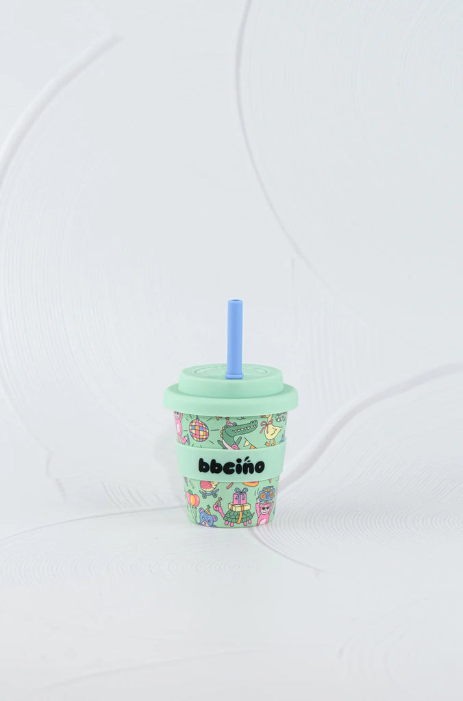 BBCino reusable bamboo cup 120ml in Party Animal green design with mint green silicone lid and blue straw, eco-friendly kids keep cup.