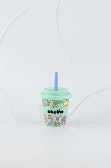 BBCino reusable bamboo cup 120ml in Party Animal green design with mint green silicone lid and blue straw, eco-friendly kids keep cup.
