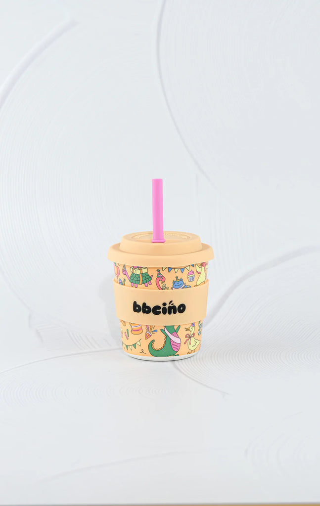 BBCino Bambinocino reusable cup 240ml in Party Animal orange design with bright orange silicone lid and pink straw, eco-friendly bamboo fibre kids keep cup.