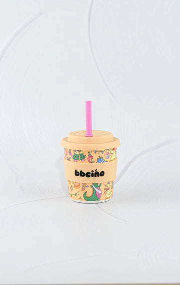 BBCino Bambinocino reusable cup 240ml in Party Animal orange design with bright orange silicone lid and pink straw, eco-friendly bamboo fibre kids keep cup.