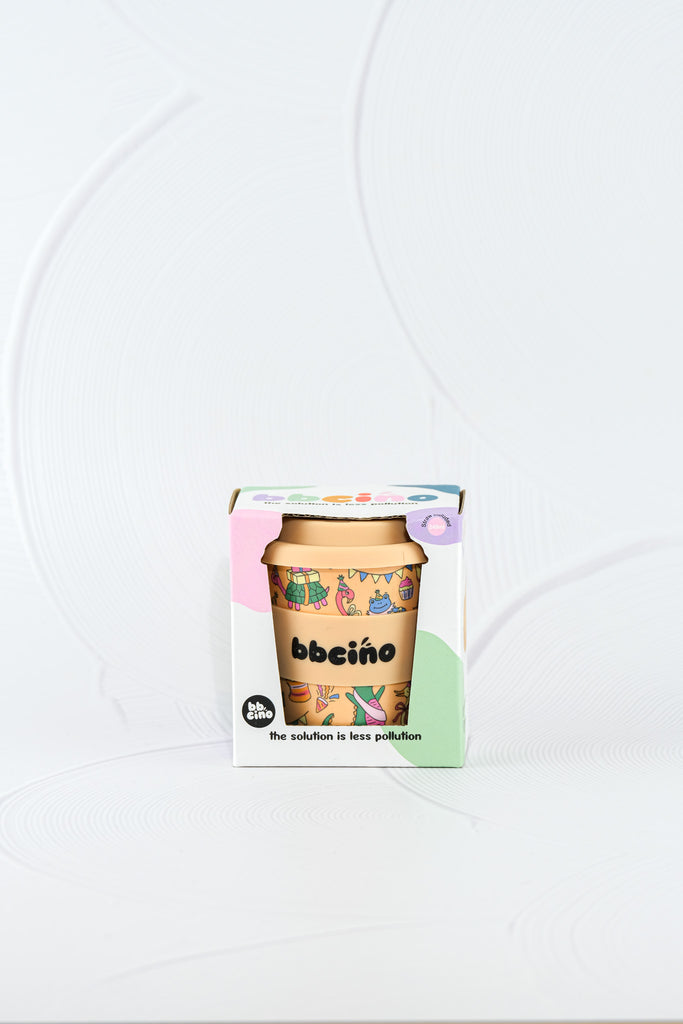 BBCino Party Animal in Orange reusable Bambinocino cup 240ml with colourful party animal print and orange lid, sustainable bamboo fibre cup in eco packaging.