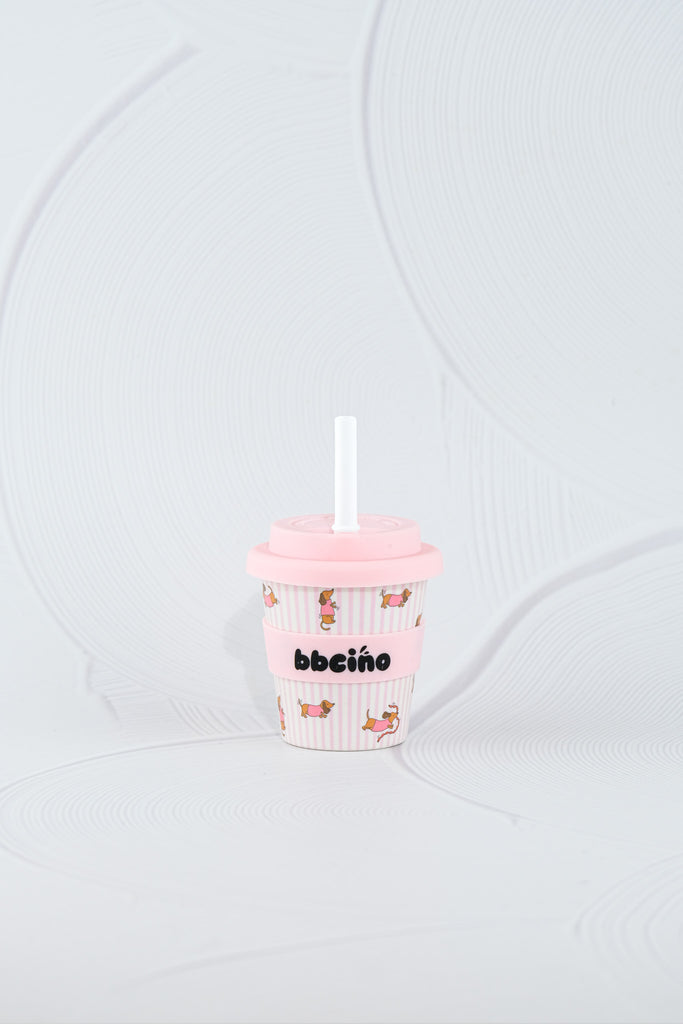 BBCino reusable bamboo cup 120ml in Dash in Pink dachshund dog design with pastel pink silicone lid and white straw, eco-friendly kids keep cup.