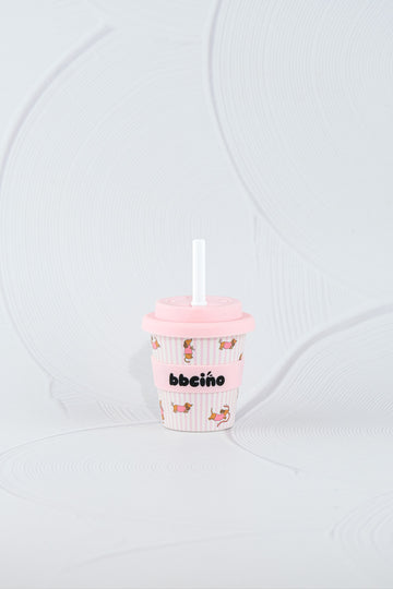 BBCino reusable bamboo cup 120ml in Dash in Pink dachshund dog design with pastel pink silicone lid and white straw, eco-friendly kids keep cup.