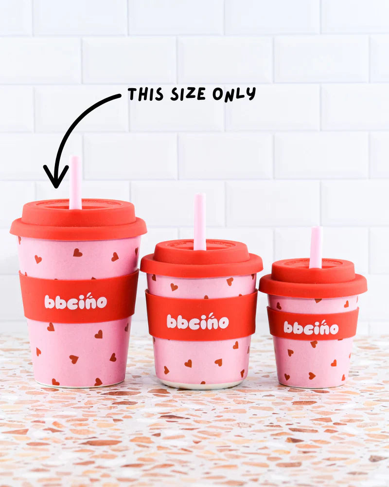 Set of reusable bamboo kids’ & adults cups with pink and red heart design, perfect for babycinos, milkshakes or juice.