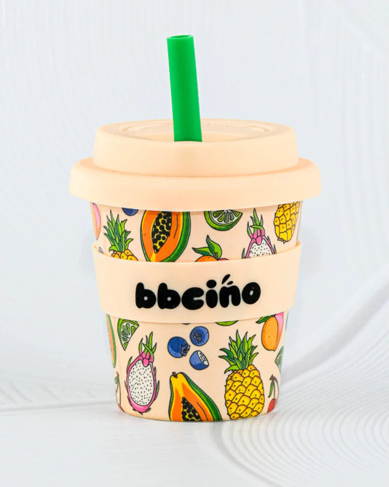 BBCino 120ml reusable cup with a tropical fruit design, made from sustainable bamboo. Lightweight, durable, and perfect for babycinos, espressos, or small drinks.