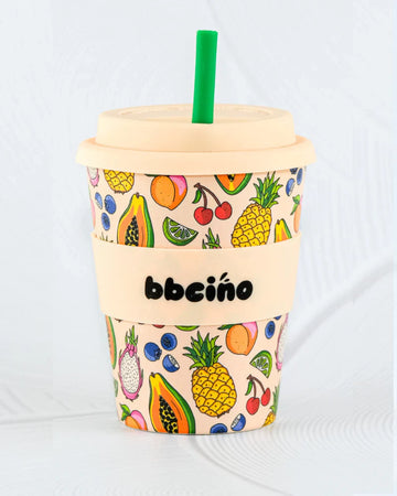 BBCino 350ml reusable cup with a tropical fruit design, made from sustainable bamboo. Includes a reusable silicone straw, perfect for large coffees, smoothies, or iced drinks.