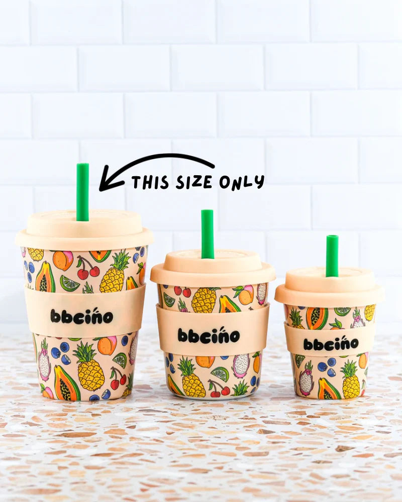 Three BiggieCino tropical reusable cups displayed with size comparison.