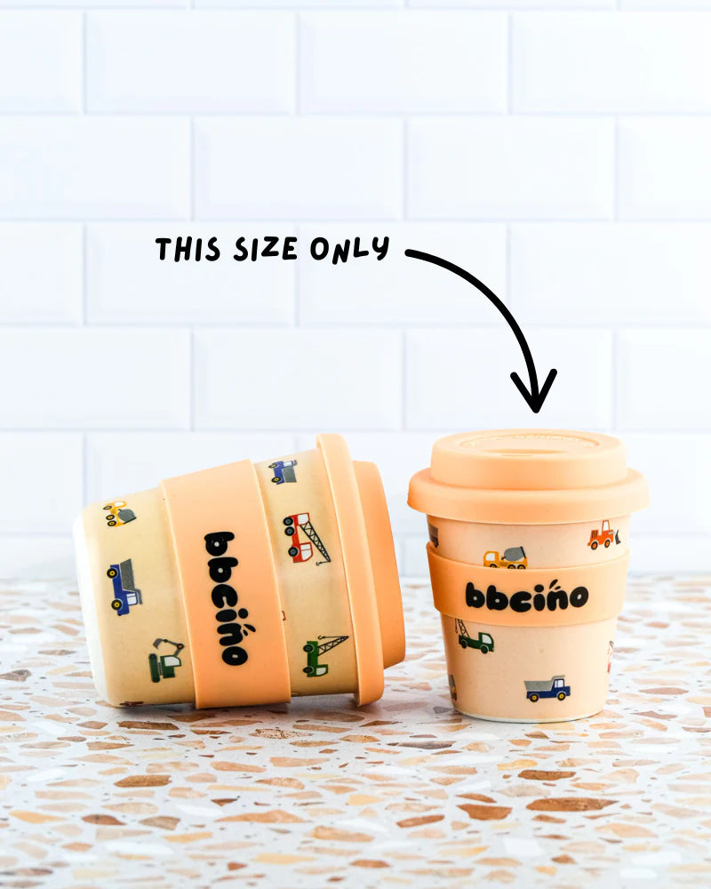 Set of reusable bamboo kids’ cups with orange truck design, perfect for babycinos, milkshakes or juice.