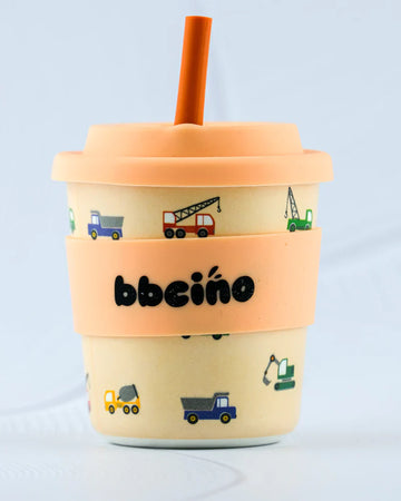 BBCino BambinoCino 240ml reusable cup with a truck design, made from sustainable bamboo. Lightweight, durable, rounded base to prevent tipping, and perfect for hot or cold drinks.