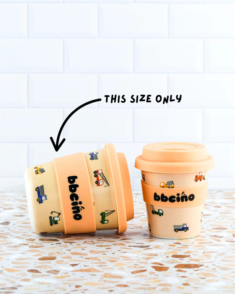 Set of reusable bamboo kids’ cups with Truck detail on orange background, ideal for milkshakes, juices, or hot drink