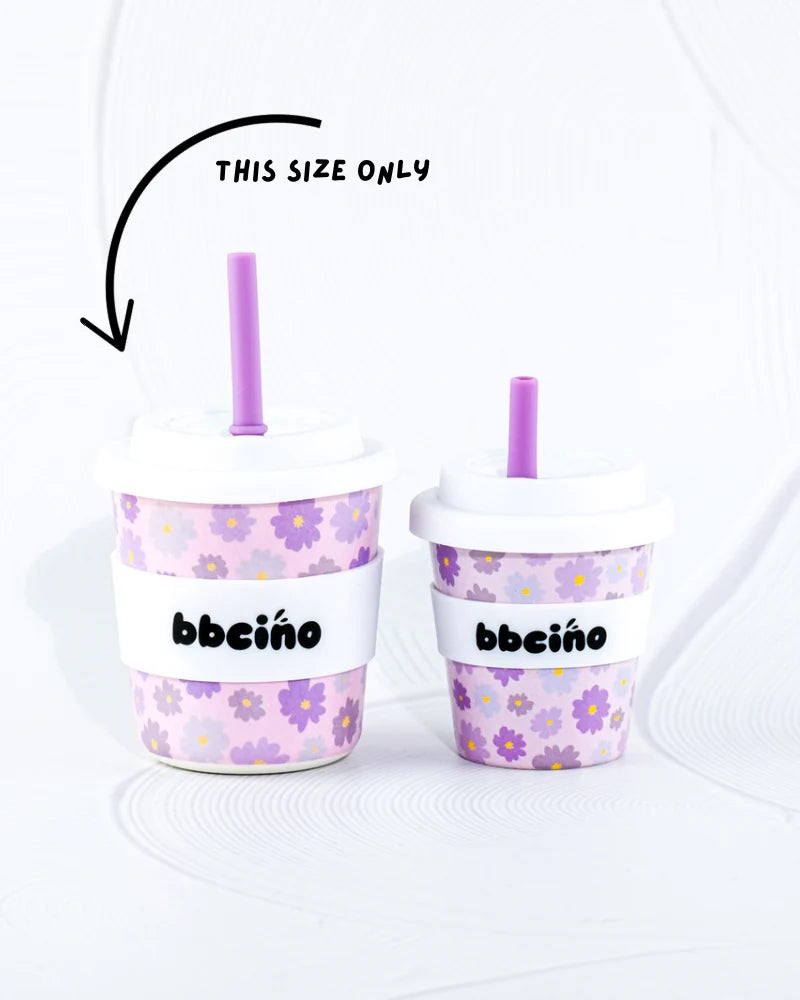 Side-by-side of BBCino Reusable Cups in 120ml and 240ml with purple flower design, showcasing size comparison.