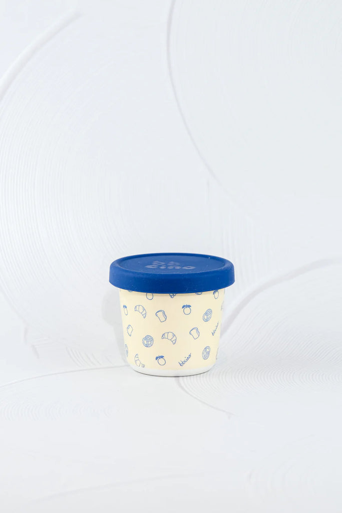 BBCino bamboo reusable snack pot with navy lid and Brunch-Kins breakfast print, lightweight eco-friendly food container for kids’ snacks.
