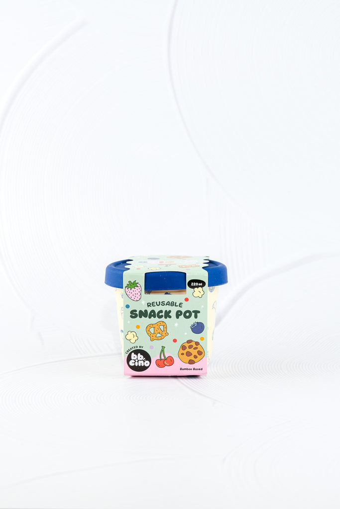 BBCino bamboo reusable snack pot with navy lid and Brunch-Kins breakfast print in retail packaging.