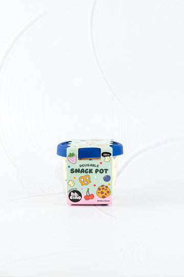 BBCino bamboo reusable snack pot with navy lid and Brunch-Kins breakfast print in retail packaging.