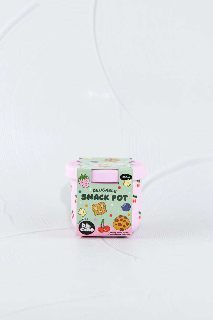 BBCino reusable silicone snack pot in Cherub cherry print, 250ml eco-friendly container packaged in recyclable materials.