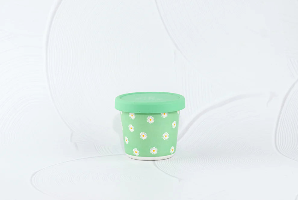 BBCino bamboo reusable snack pot in Daisy BB design with green base and white daisy print, sustainable eco-friendly container with silicone lid.