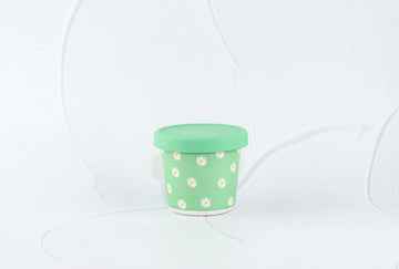 BBCino bamboo reusable snack pot in Daisy BB design with green base and white daisy print, sustainable eco-friendly container with silicone lid.