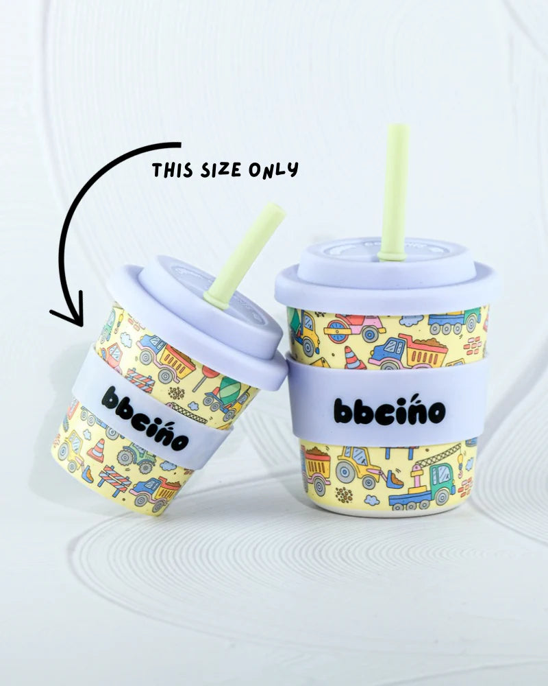 BBCino reusable truck print cups shown side-by-side for size comparison, sustainable and durable for kids.