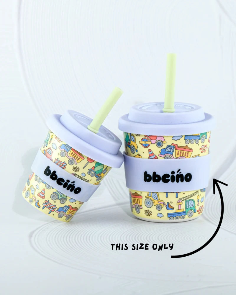 BBCino 240ml truck print cups shown side-by-side for size comparison, perfect for kids moving beyond babycinos.