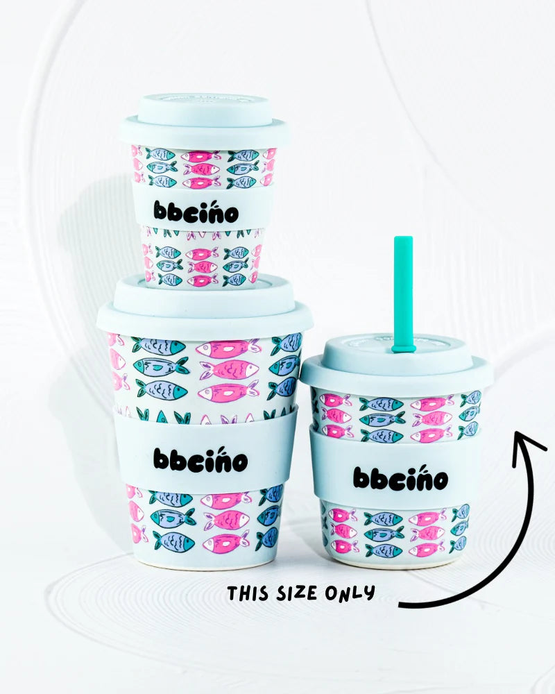 Stack of BBCino Catch of the Day cups showing scale and fish pattern.